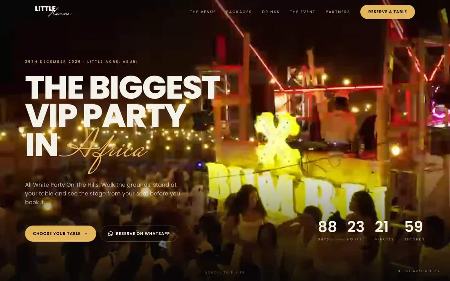The Little Havana event site: a lit night-time party crowd and stage behind the line "The Biggest VIP Party in Africa"