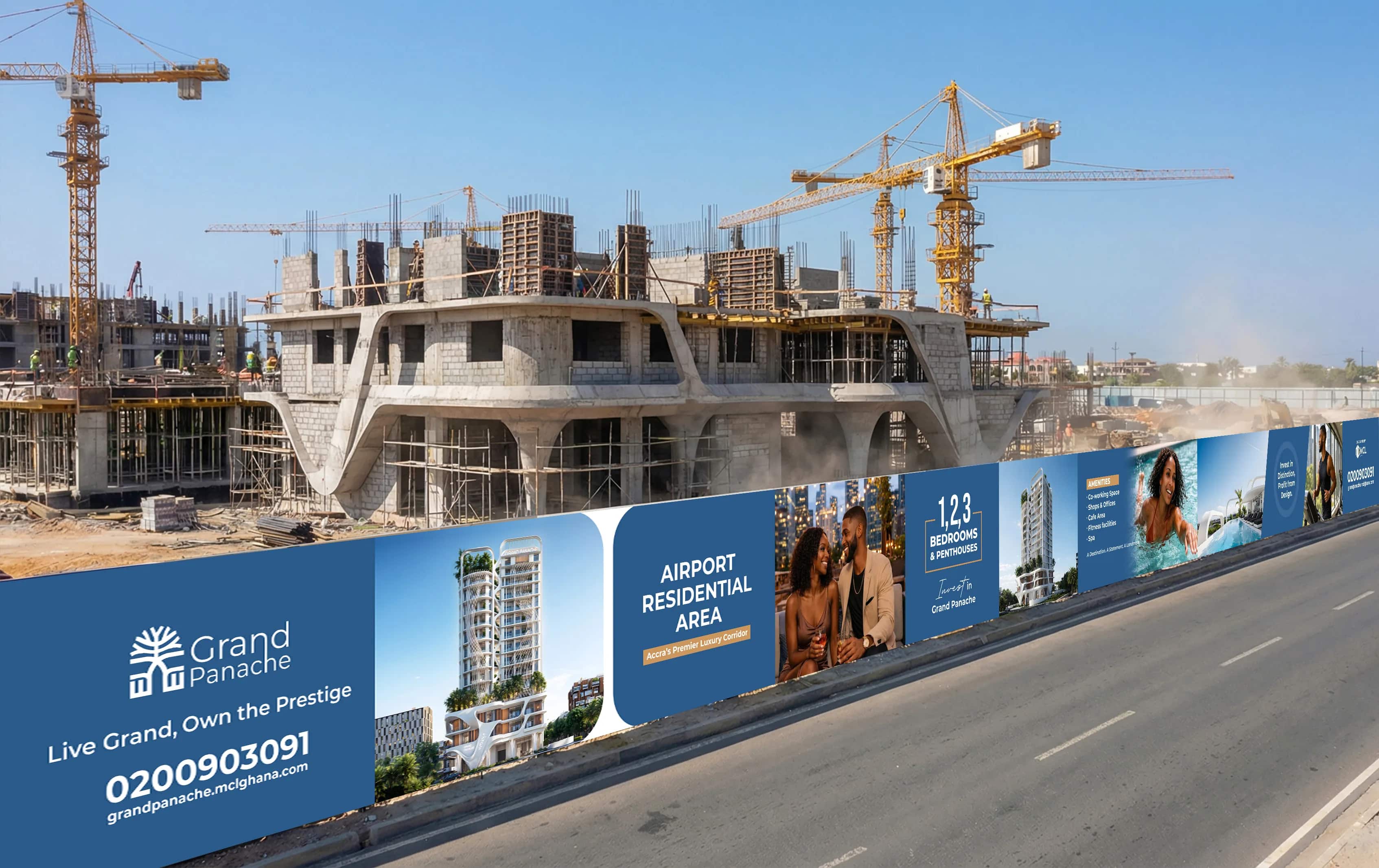 Grand Panache branded site hoarding and vertical billboard against a live construction backdrop in Accra