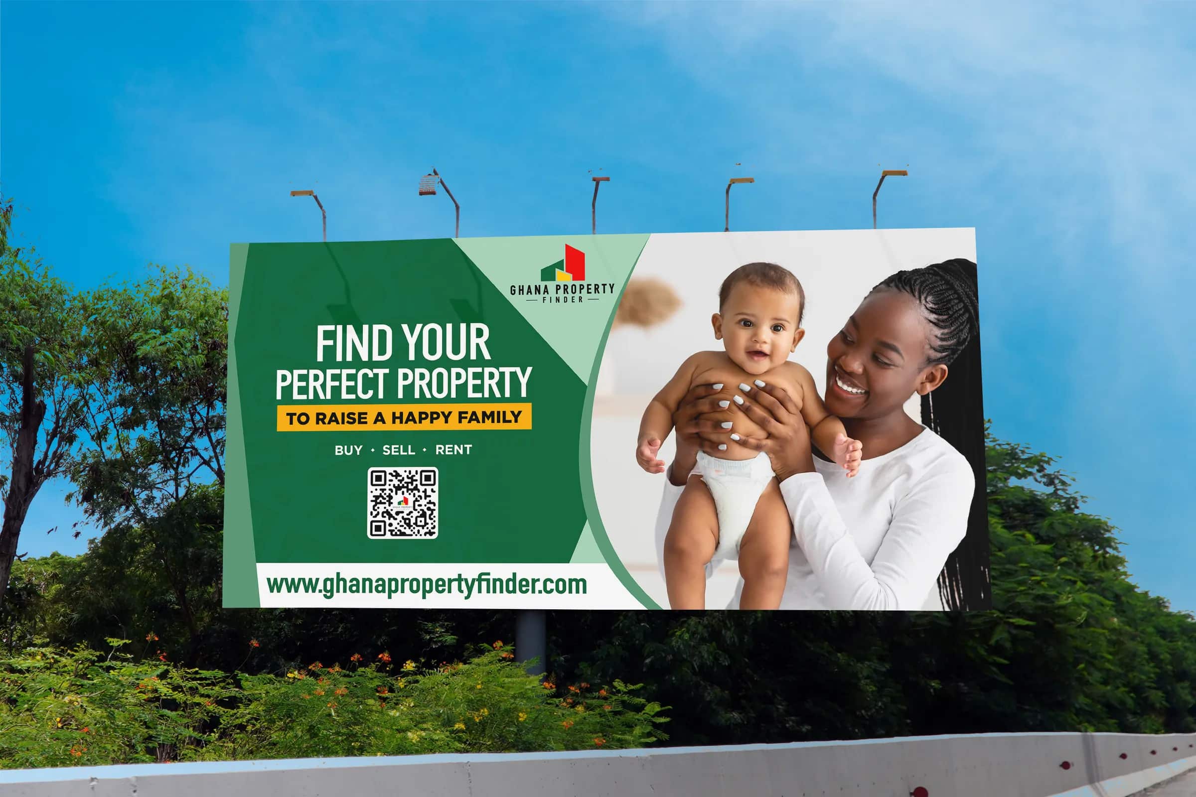 Ghana Property Finder landscape billboard beside a road