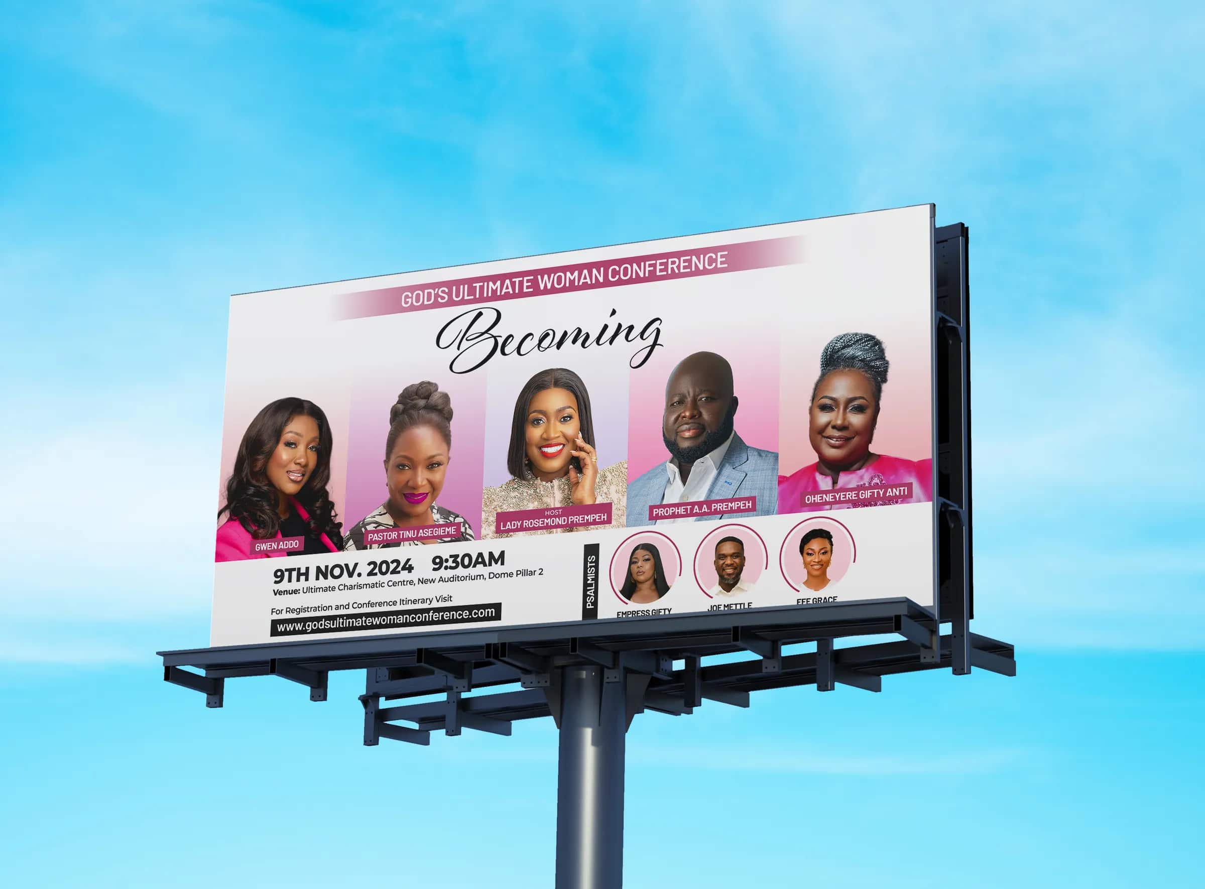 The Becoming 2024 billboard for God's Ultimate Woman, mounted on a roadside structure against an open sky