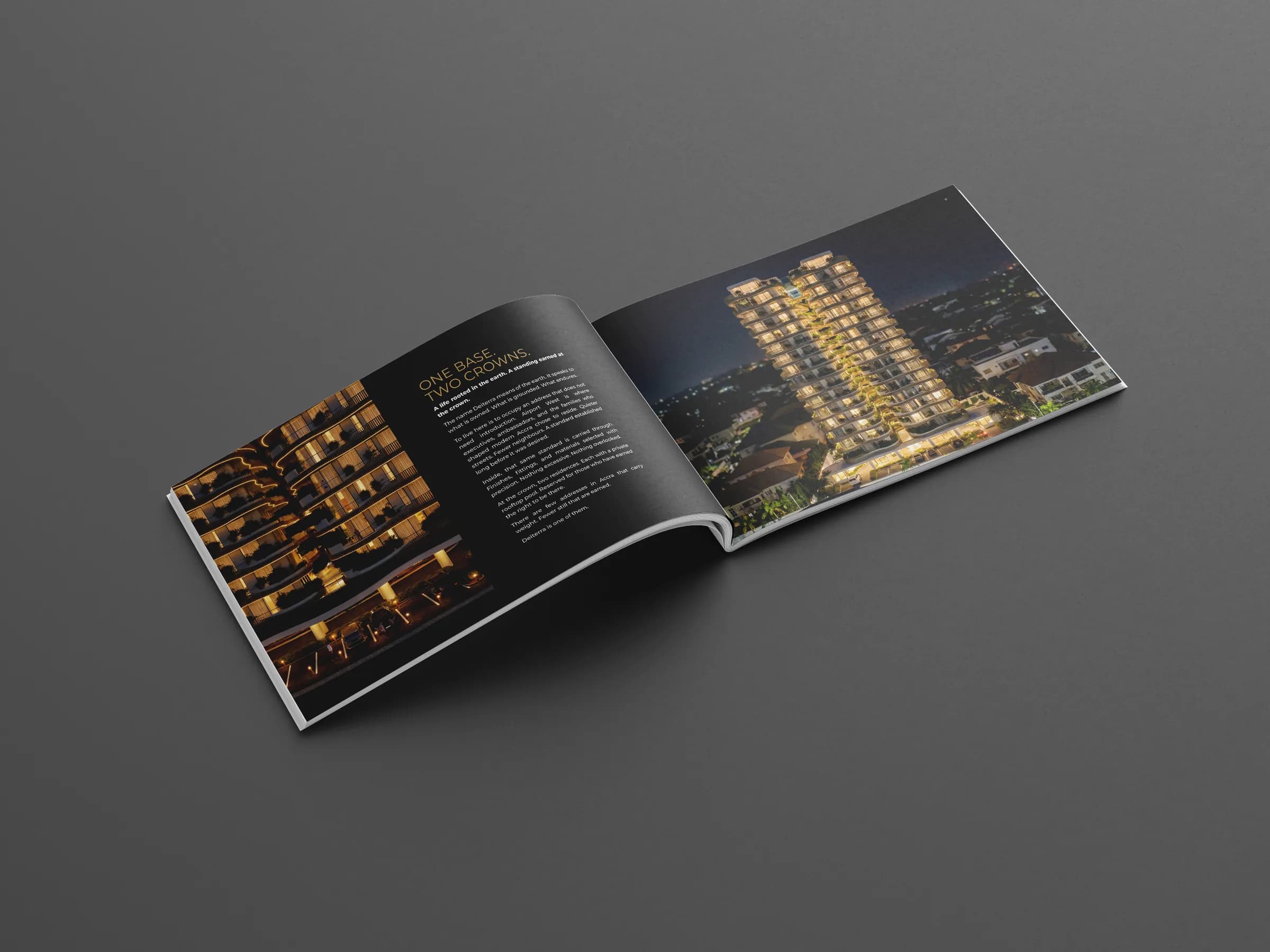 Deiterra brochure spread showing the twin towers and the rooftop residences