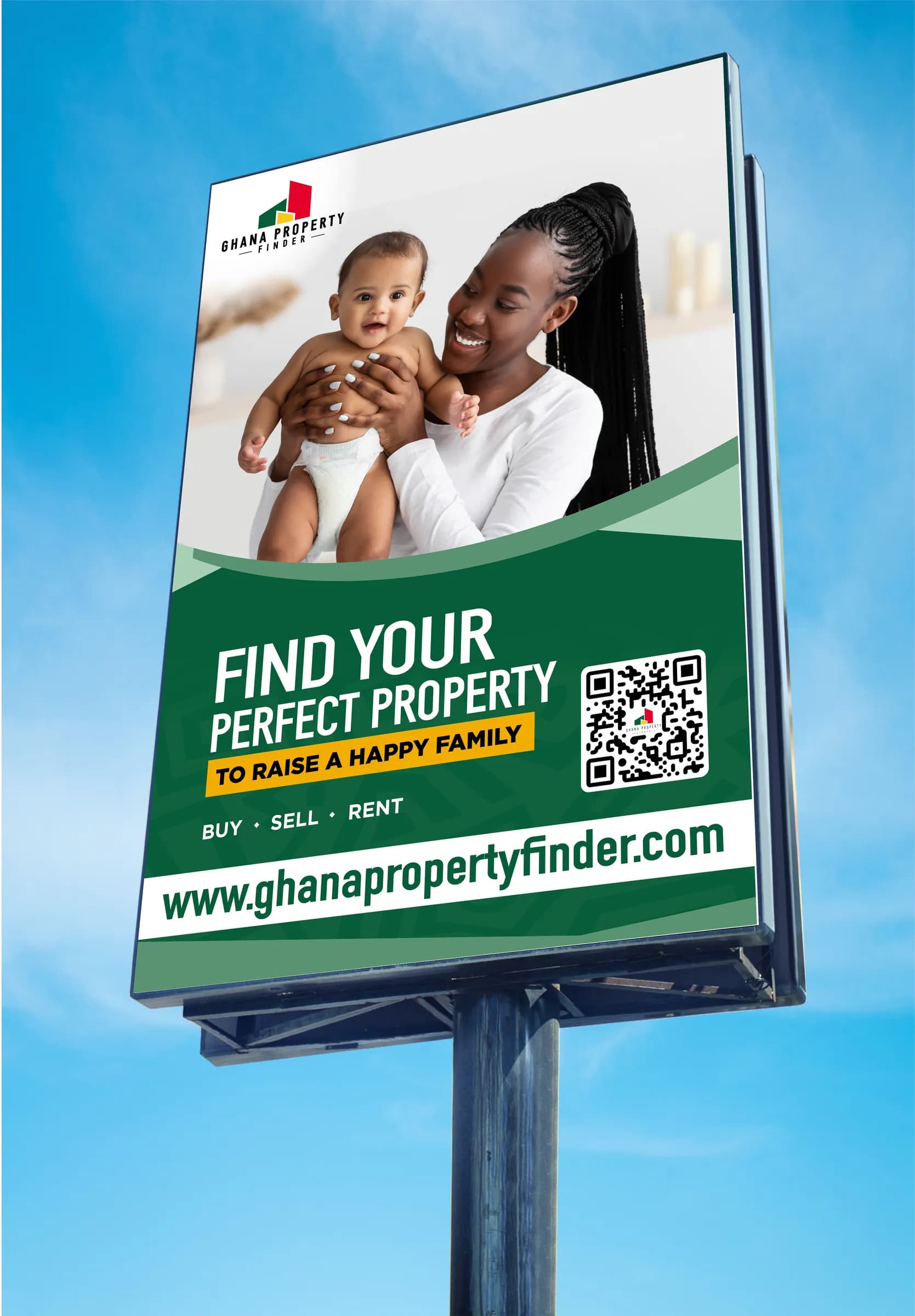 Ghana Property Finder portrait billboard on a roadside structure