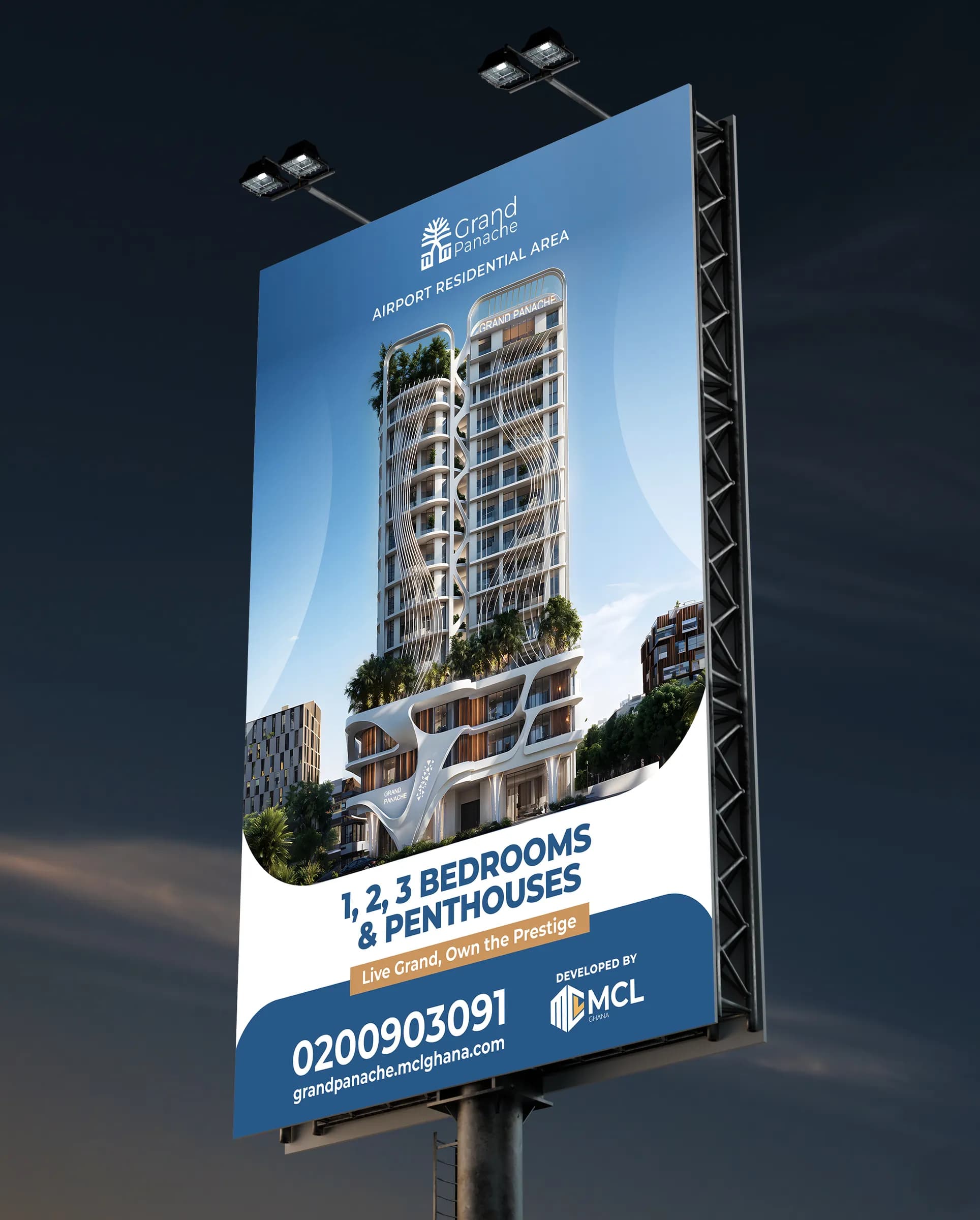 A second illuminated Grand Panache vertical billboard on a different roadside structure