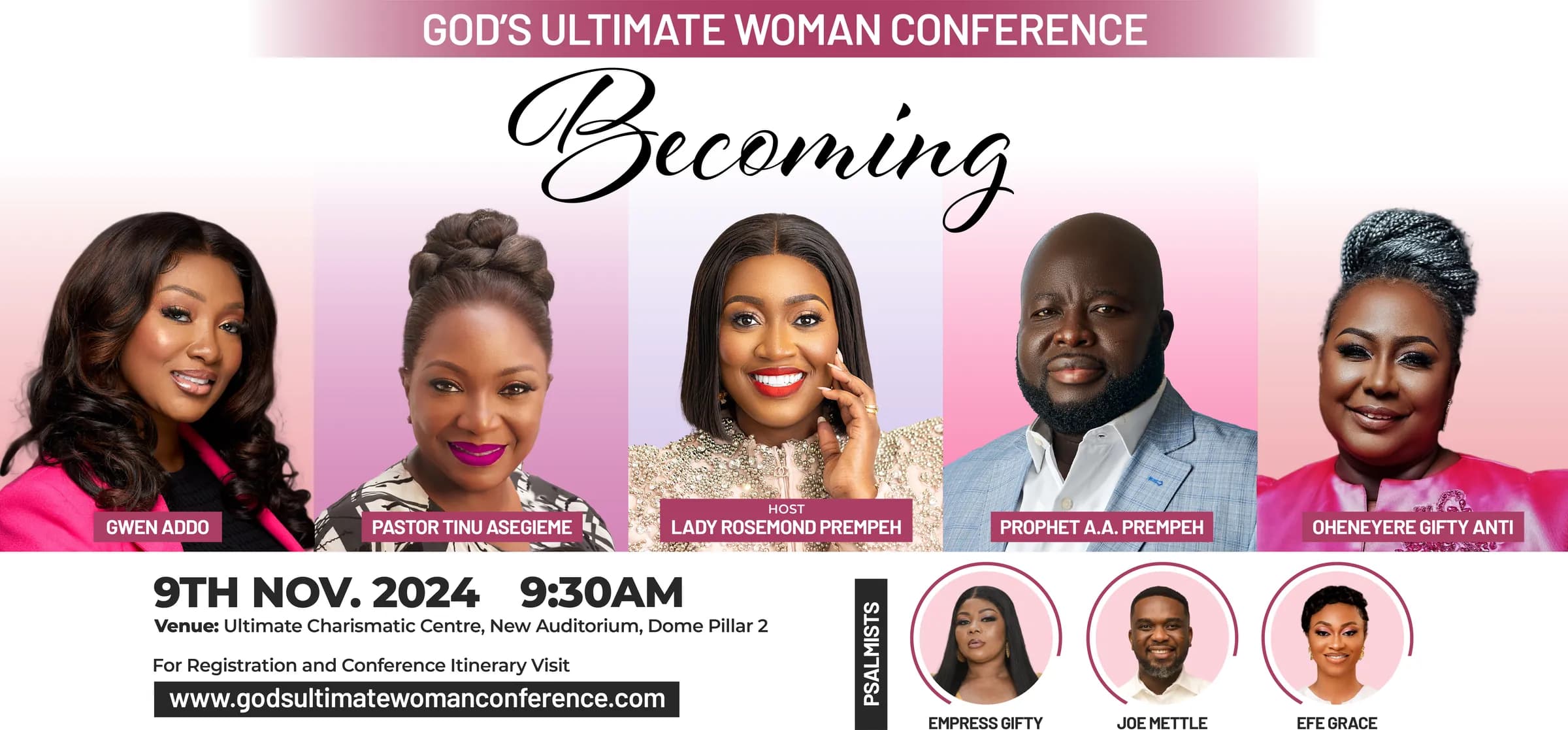 The Becoming 2024 artwork flat: conference title, the speakers, the date and venue, and the psalmists along the foot