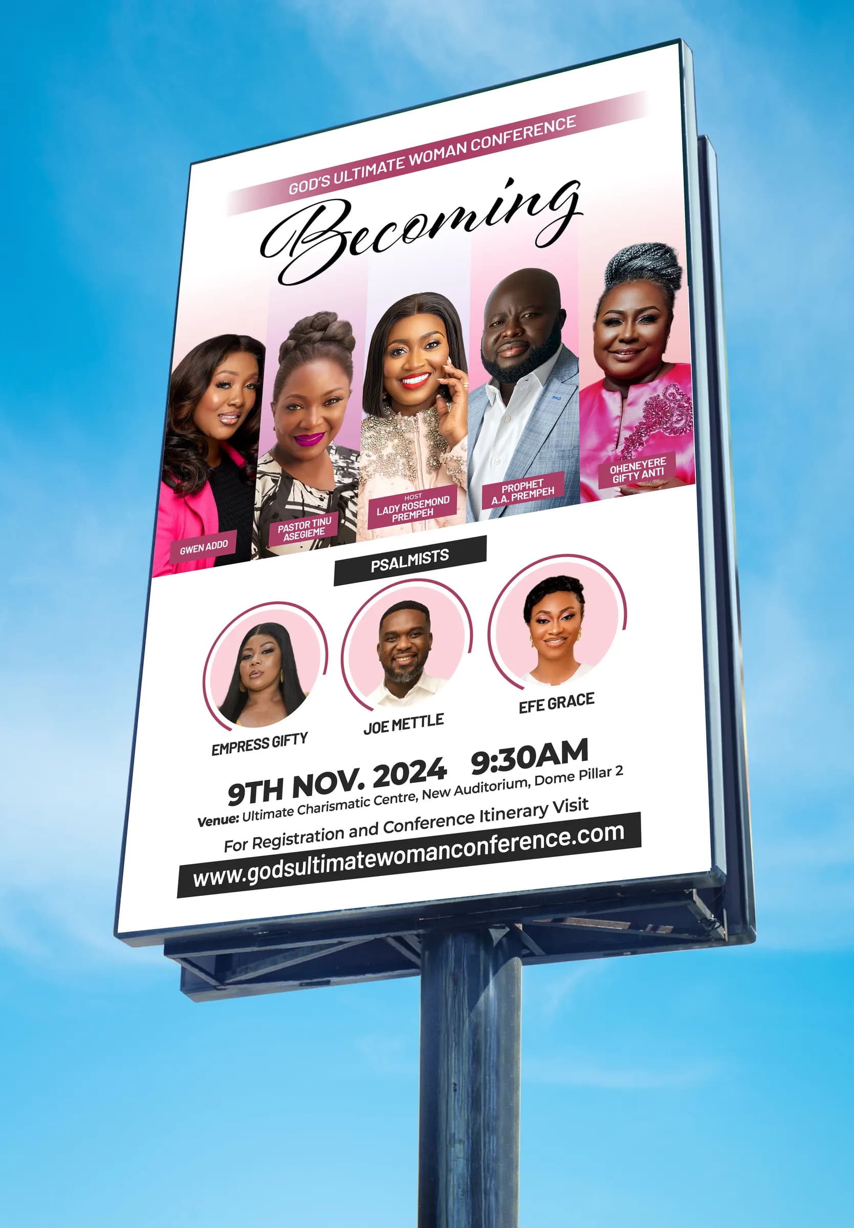 The God's Ultimate Woman portrait billboard on its roadside structure