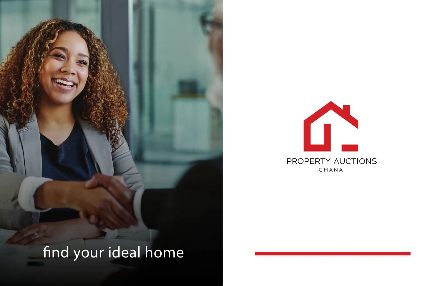 The closing page of the presentation, a handshake beside the mark and the line "find your ideal home"