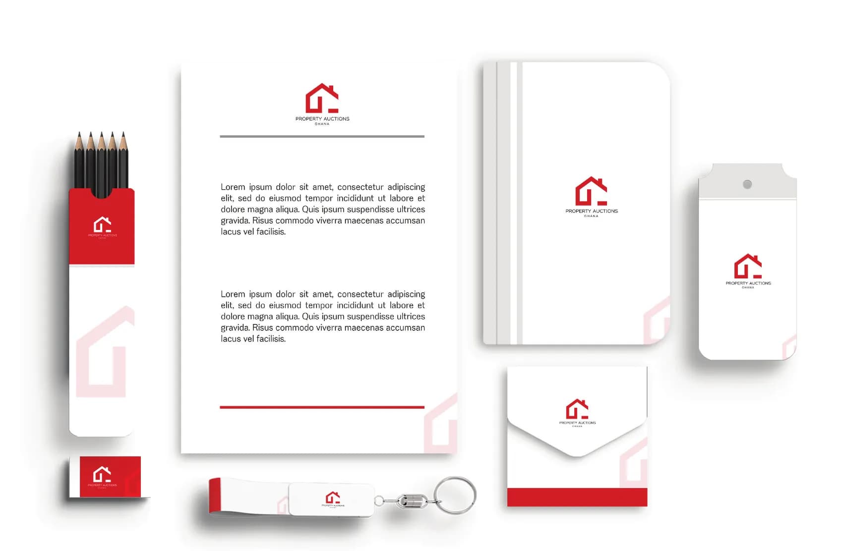 Property Auctions Ghana stationery: letterhead, notebook, envelope, pencils, pen drive, key tag and lanyard
