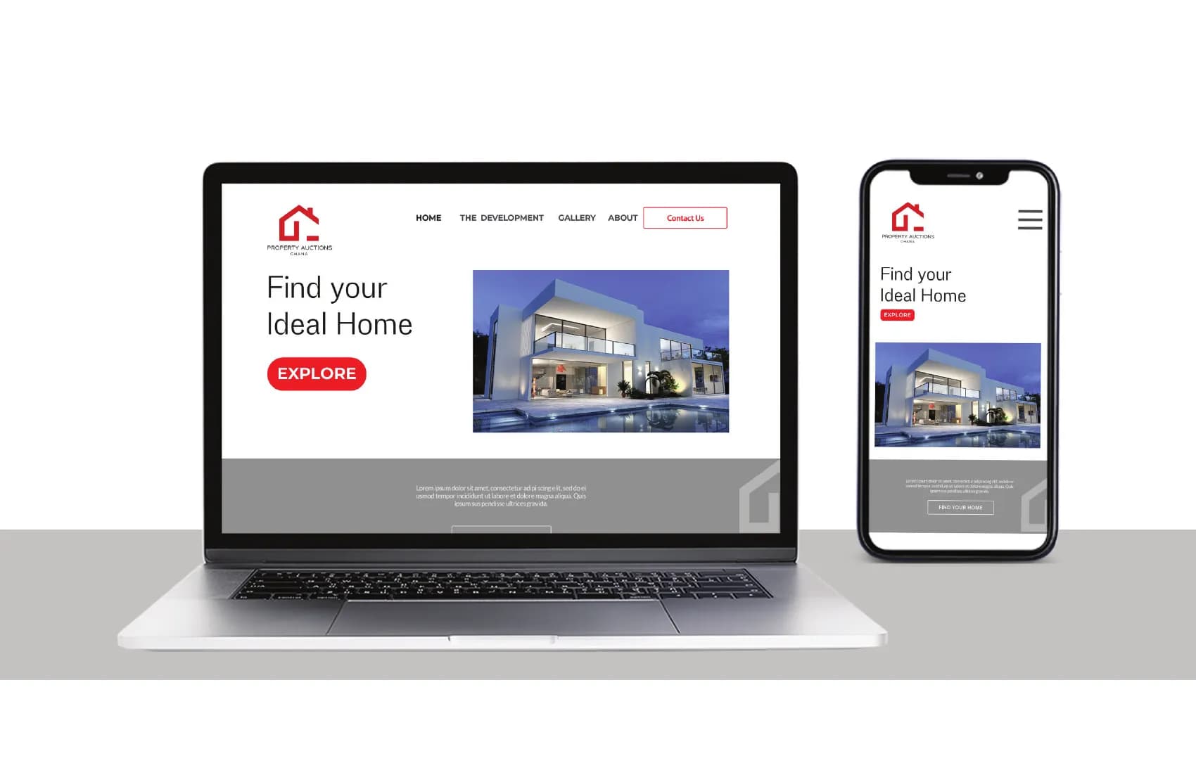 The Property Auctions Ghana site designed on a laptop and a phone, headed "Find your Ideal Home"
