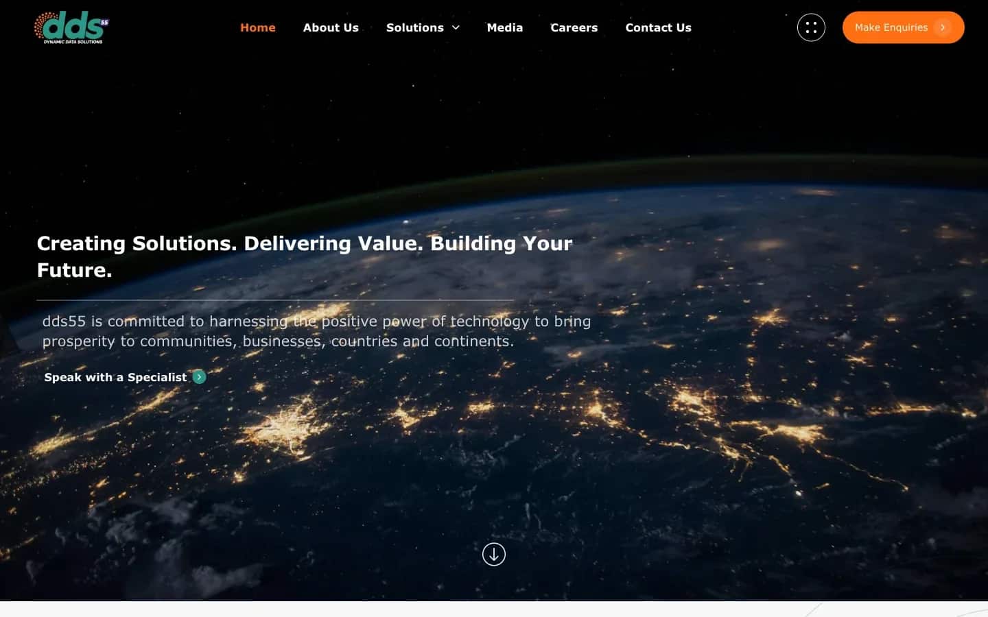 The DDS55 homepage: a night-side view of Earth lit city by city behind the line "Creating Solutions. Delivering Value. Building Your Future."