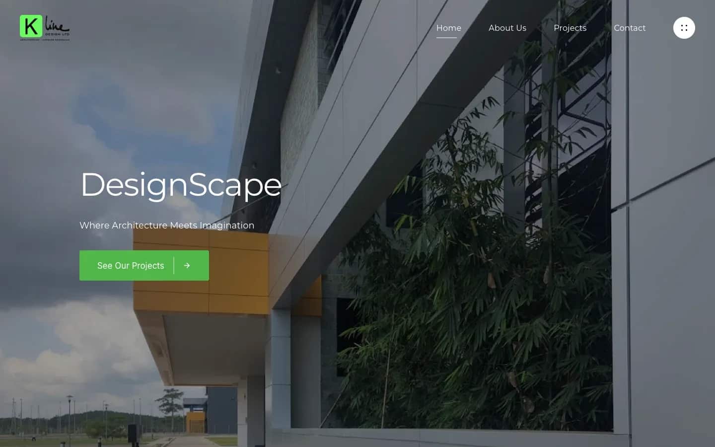 The K_Line Design homepage: a modern building facade behind the single word "DesignScape"