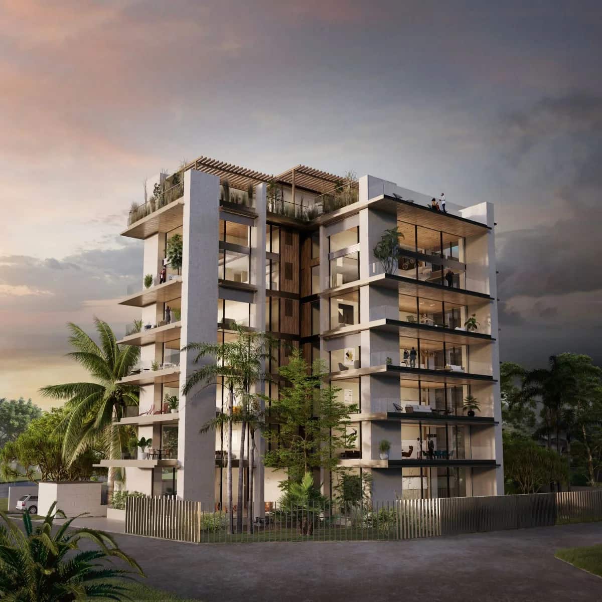 Landmark Homes apartment building at sunset