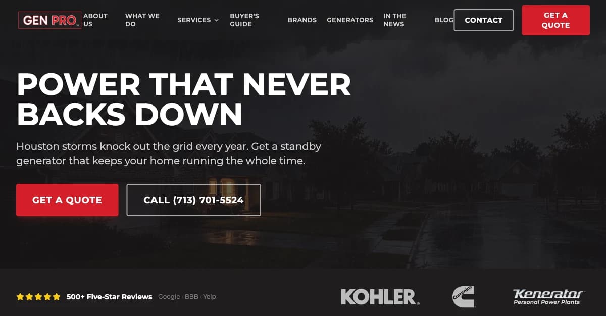 The A&A GenPro homepage hero, a storm-lit street with the quote and call-to-action