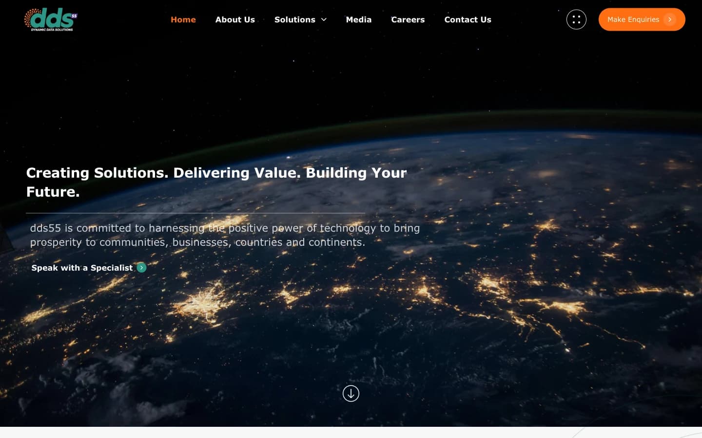The DDS55 homepage hero, Earth at night behind the company line