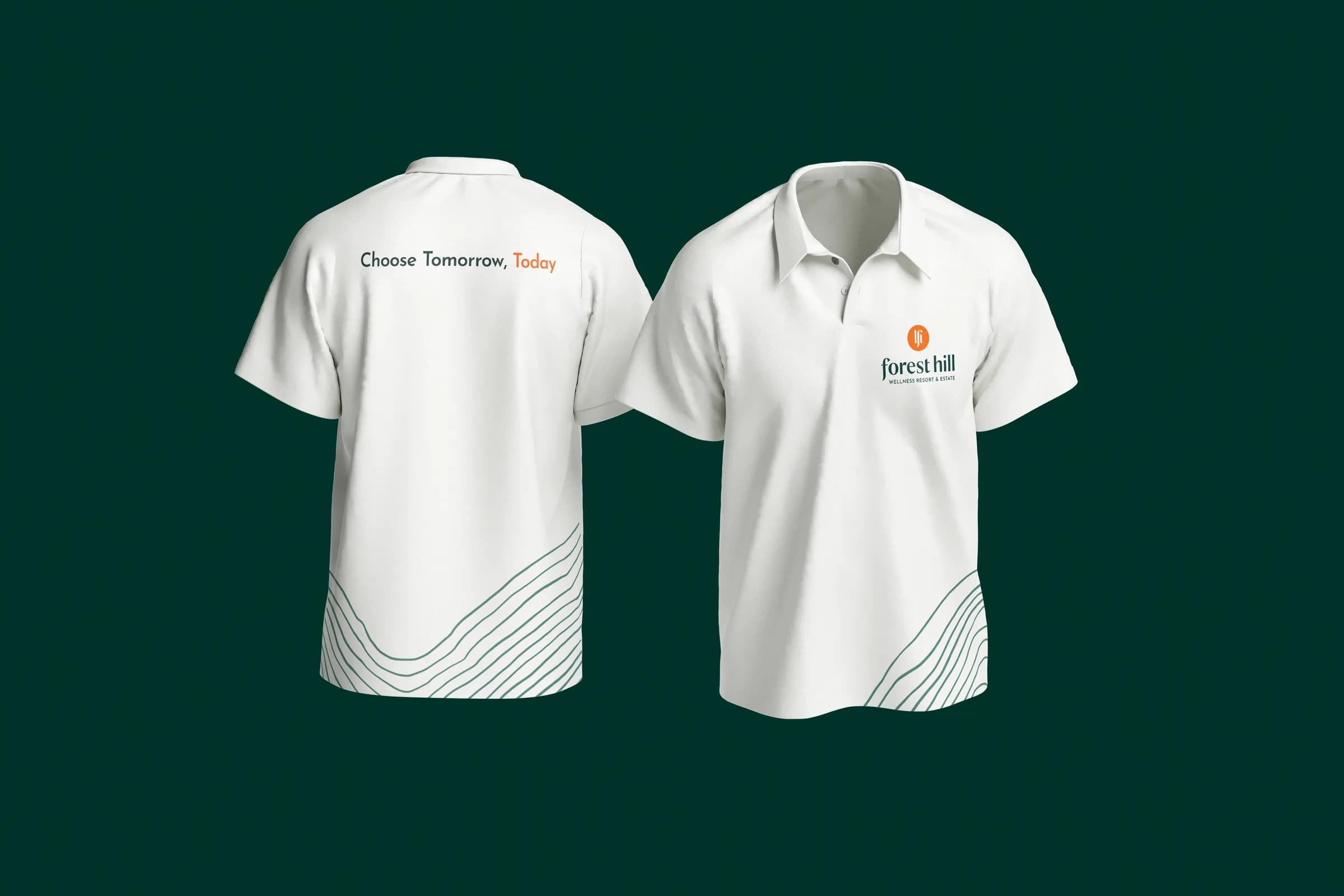 Forest Hill branded polo shirt, front, carrying the contour-line motif