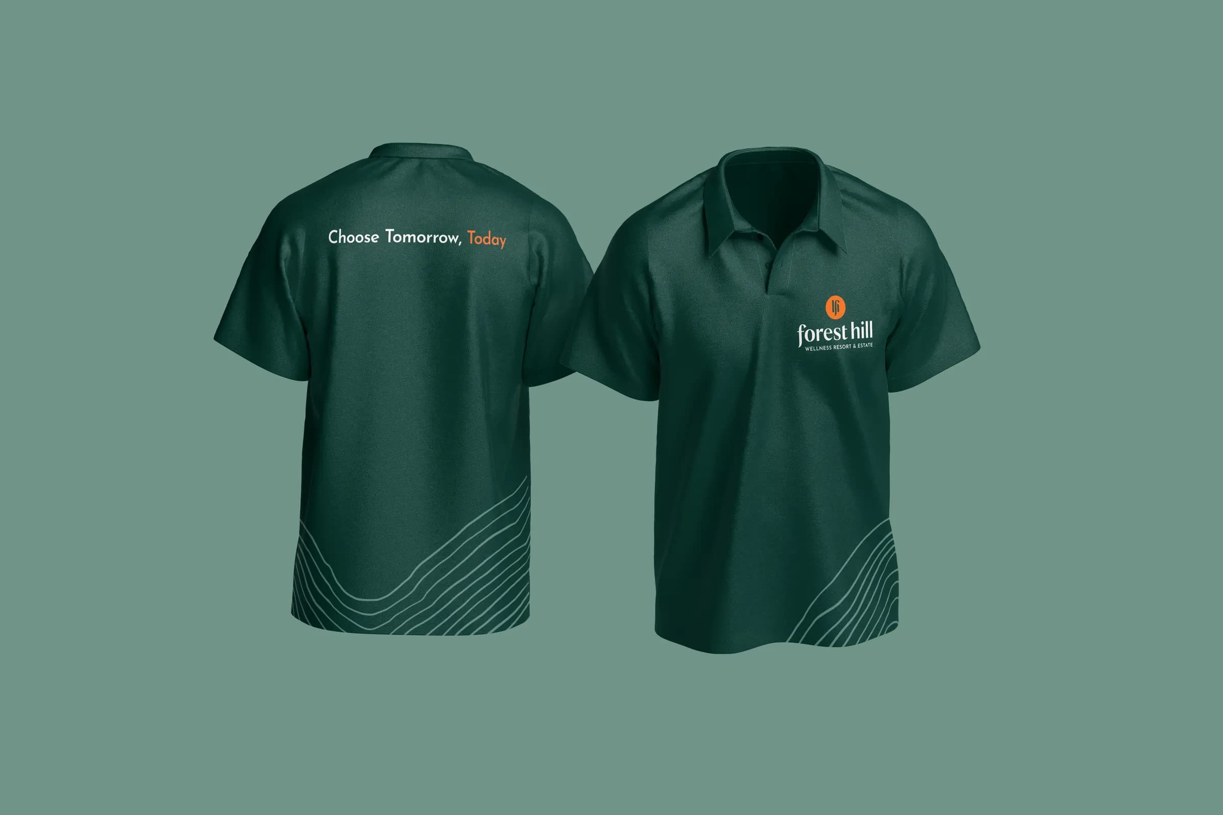 Forest Hill branded polo shirt, back, carrying the contour-line motif