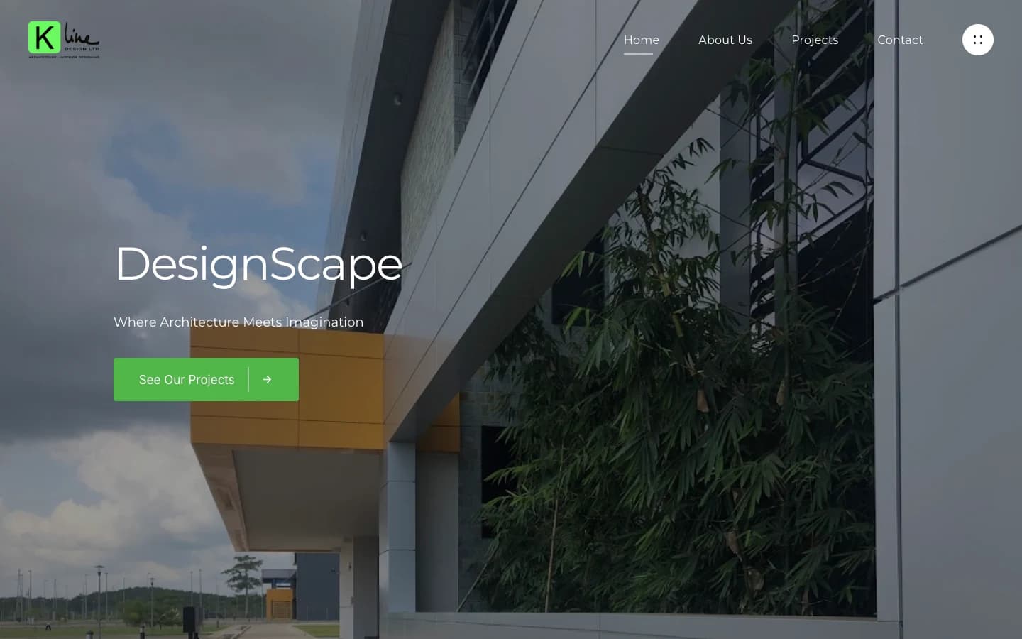The K_Line Design homepage, a building facade behind the DesignScape wordmark