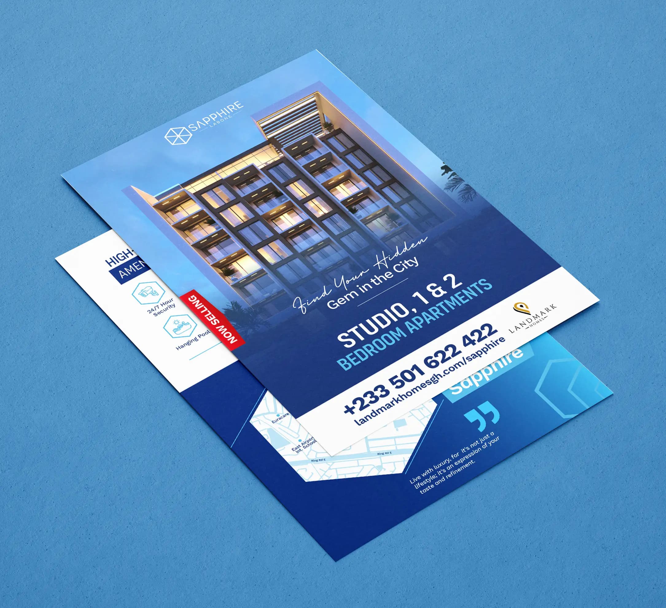 The Sapphire Labone flyer, front, showing the building render and the apartment offer