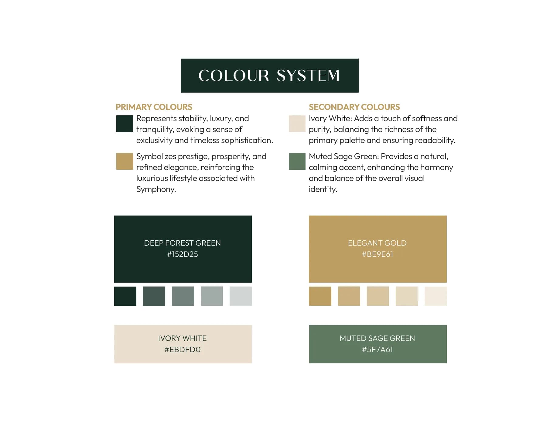 Brand book page setting out the Symphony colour system with hex values and reasoning