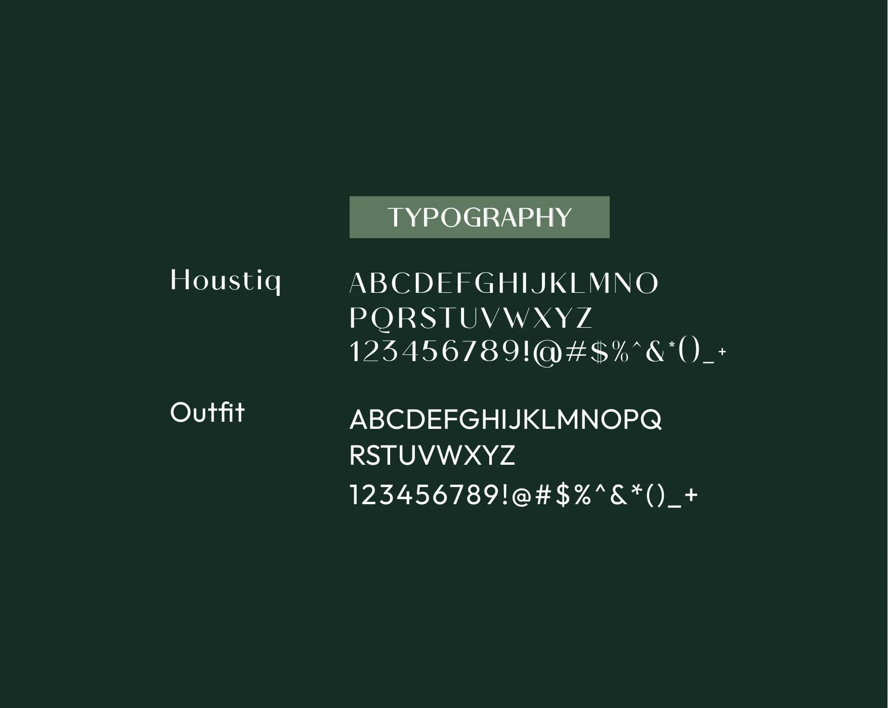 Brand book page specifying Houstiq for display and Outfit for text